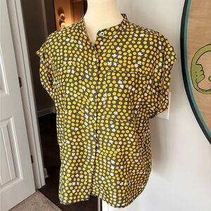Yellow, gray and cream 100% silk blouse
